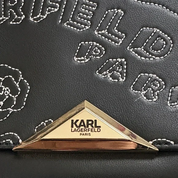 Karl Lagerfeld Luxury Black Floral Shoulder Bag with Gold Hardware - Picture 7 of 14